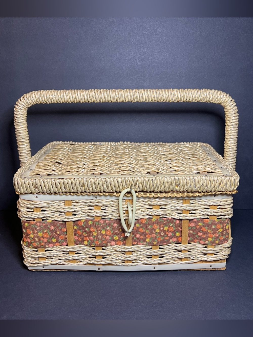 Vintage Woven Wicker Plastic Floral Print Sewing Box w/ Hinged Lid & Handle